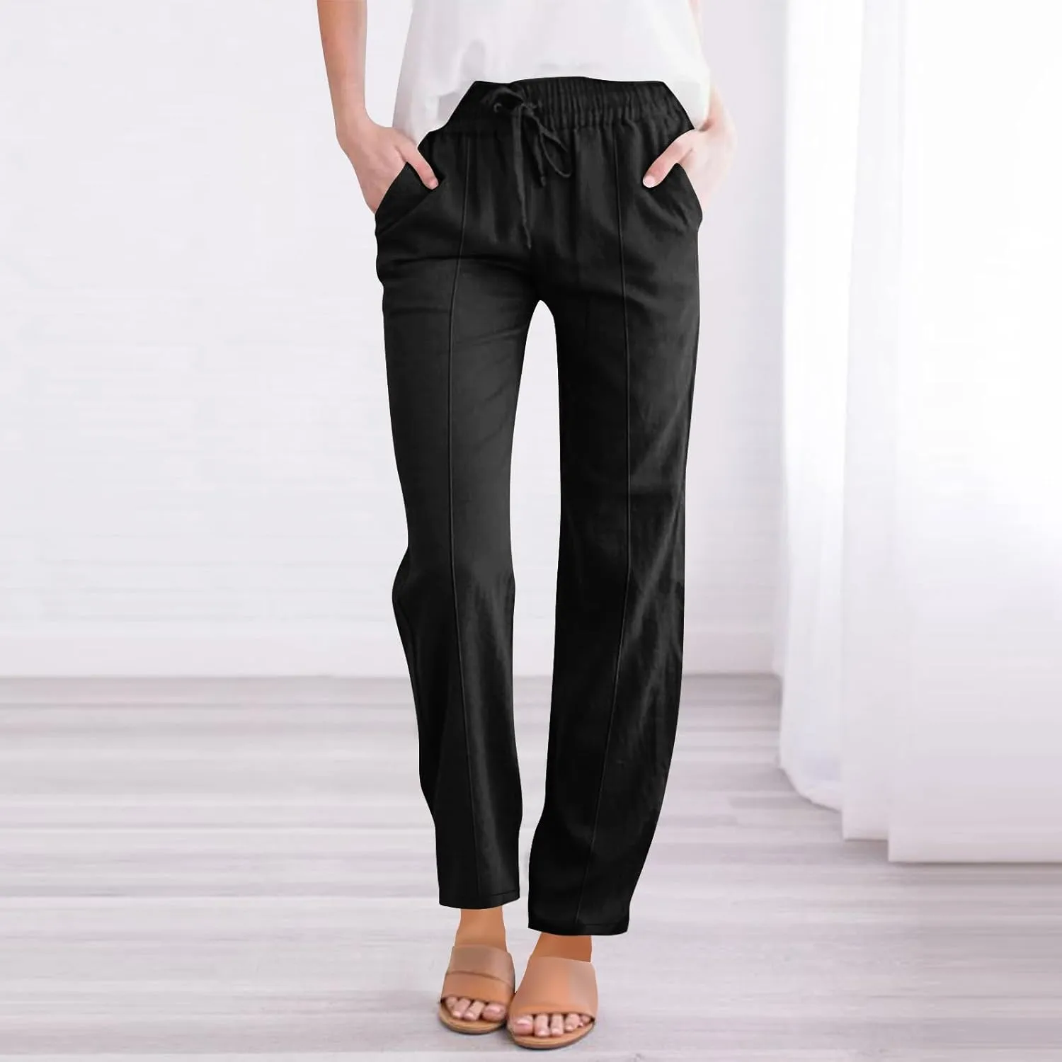 Linen Pants Women 2025 Summer Elastic Waist Straight Leg Trousers Loose Fit Flowy Casual Beach Palazzo with Pocket