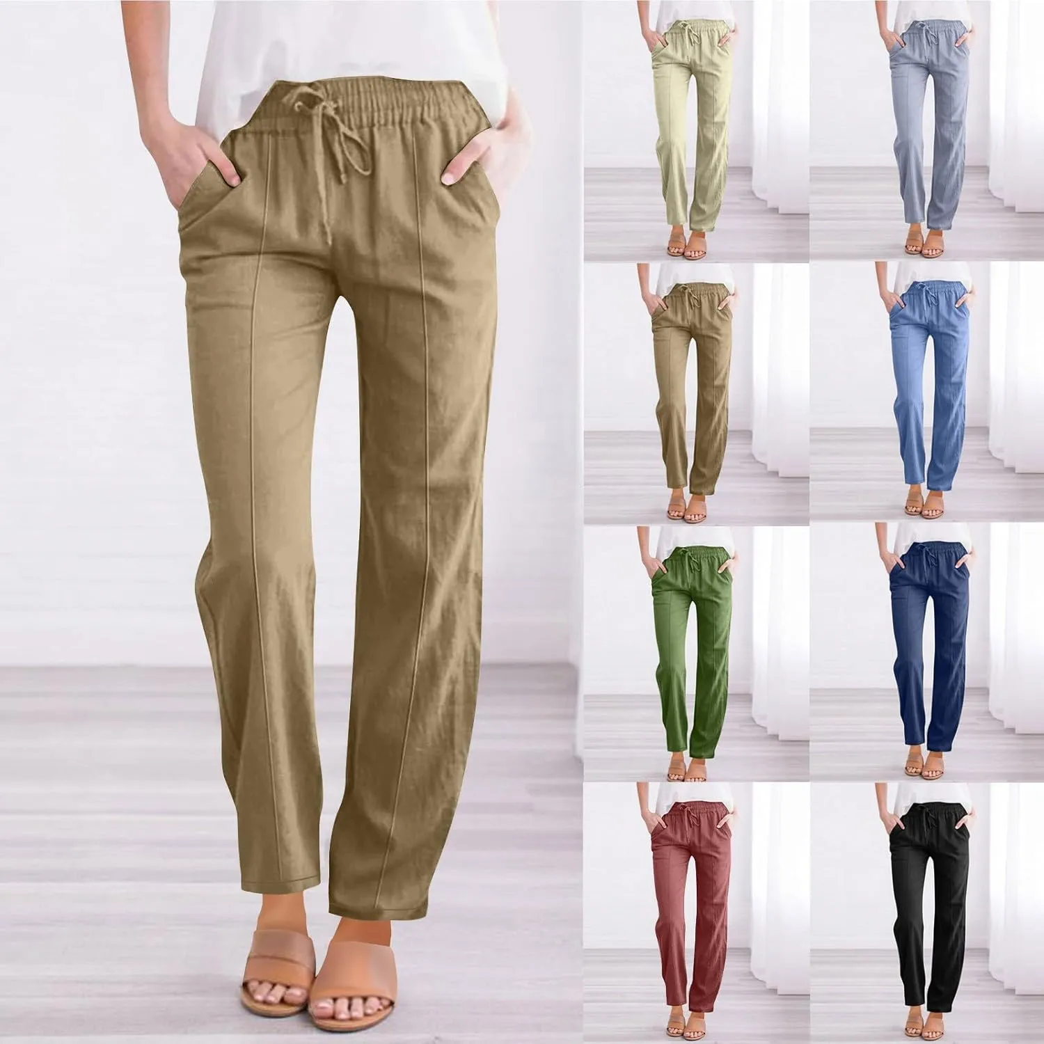 Linen Pants Women 2025 Summer Elastic Waist Straight Leg Trousers Loose Fit Flowy Casual Beach Palazzo with Pocket