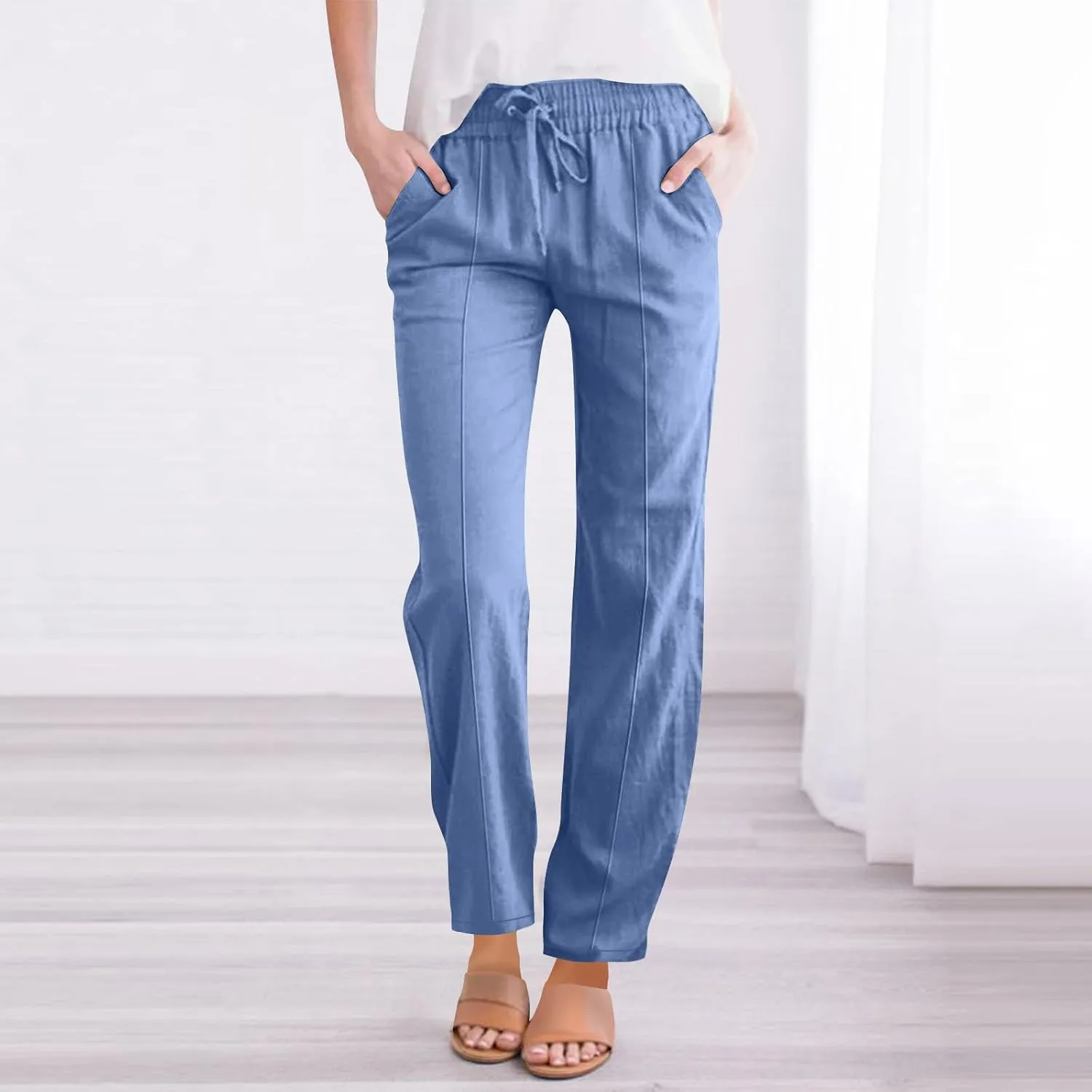 Linen Pants Women 2025 Summer Elastic Waist Straight Leg Trousers Loose Fit Flowy Casual Beach Palazzo with Pocket