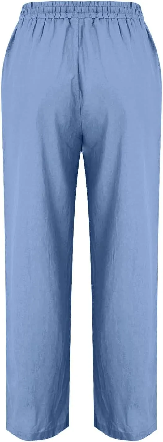 Linen Pants Women 2025 Summer Elastic Waist Straight Leg Trousers Loose Fit Flowy Casual Beach Palazzo with Pocket