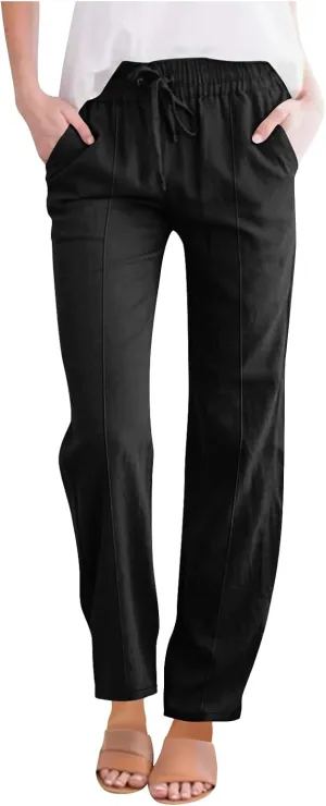 Linen Pants Women 2025 Summer Elastic Waist Straight Leg Trousers Loose Fit Flowy Casual Beach Palazzo with Pocket