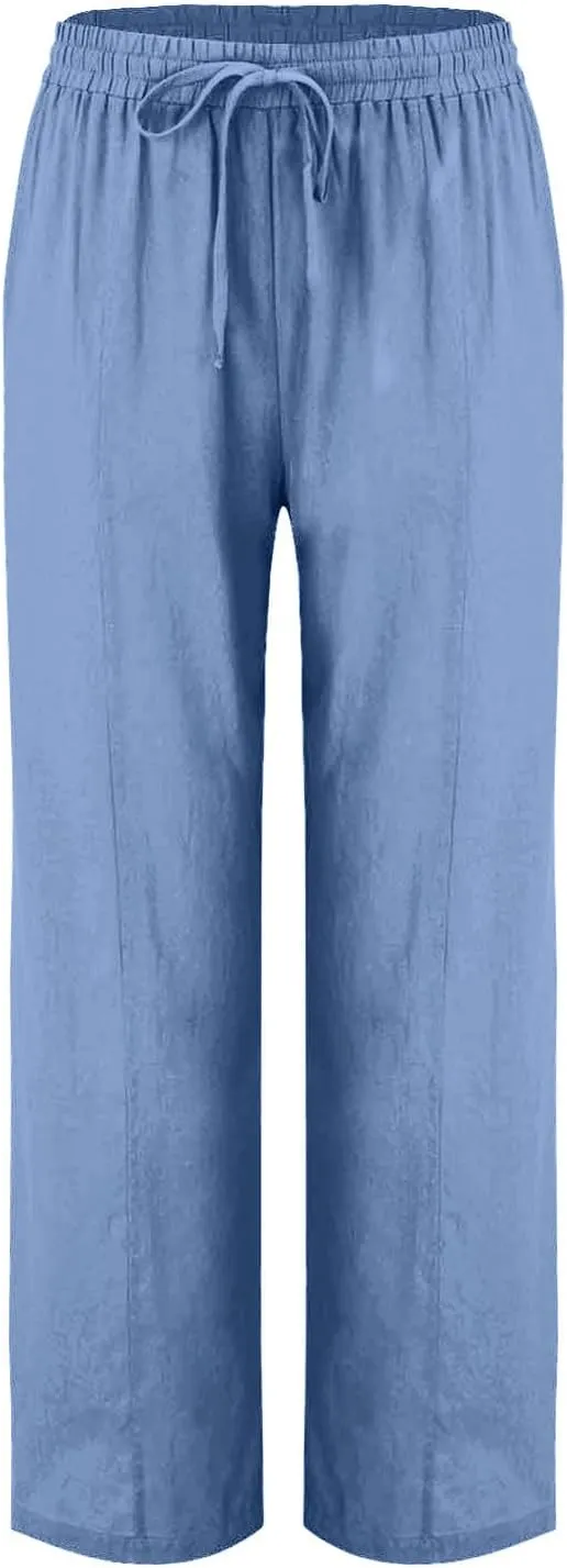 Linen Pants Women 2025 Summer Elastic Waist Straight Leg Trousers Loose Fit Flowy Casual Beach Palazzo with Pocket