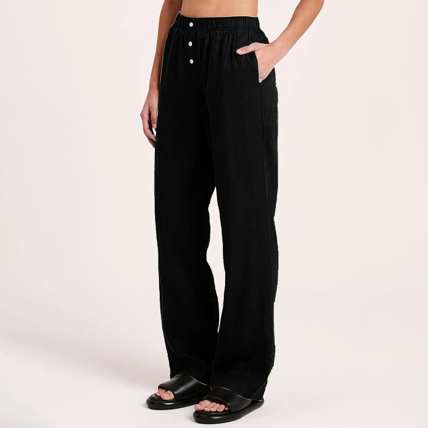 Linen Pants Women Comfy Flowy Wide Leg Pants Summer Baggy High Waisted Palazzo Beach Pants Trousers with Pockets