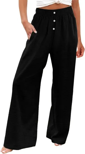Linen Pants Women Comfy Flowy Wide Leg Pants Summer Baggy High Waisted Palazzo Beach Pants Trousers with Pockets