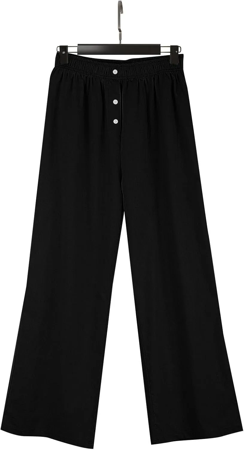 Linen Pants Women Comfy Flowy Wide Leg Pants Summer Baggy High Waisted Palazzo Beach Pants Trousers with Pockets