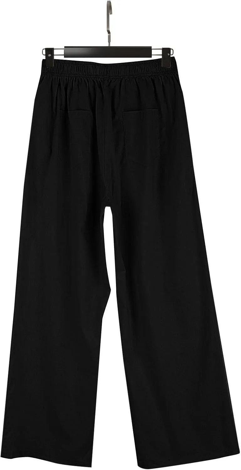 Linen Pants Women Comfy Flowy Wide Leg Pants Summer Baggy High Waisted Palazzo Beach Pants Trousers with Pockets
