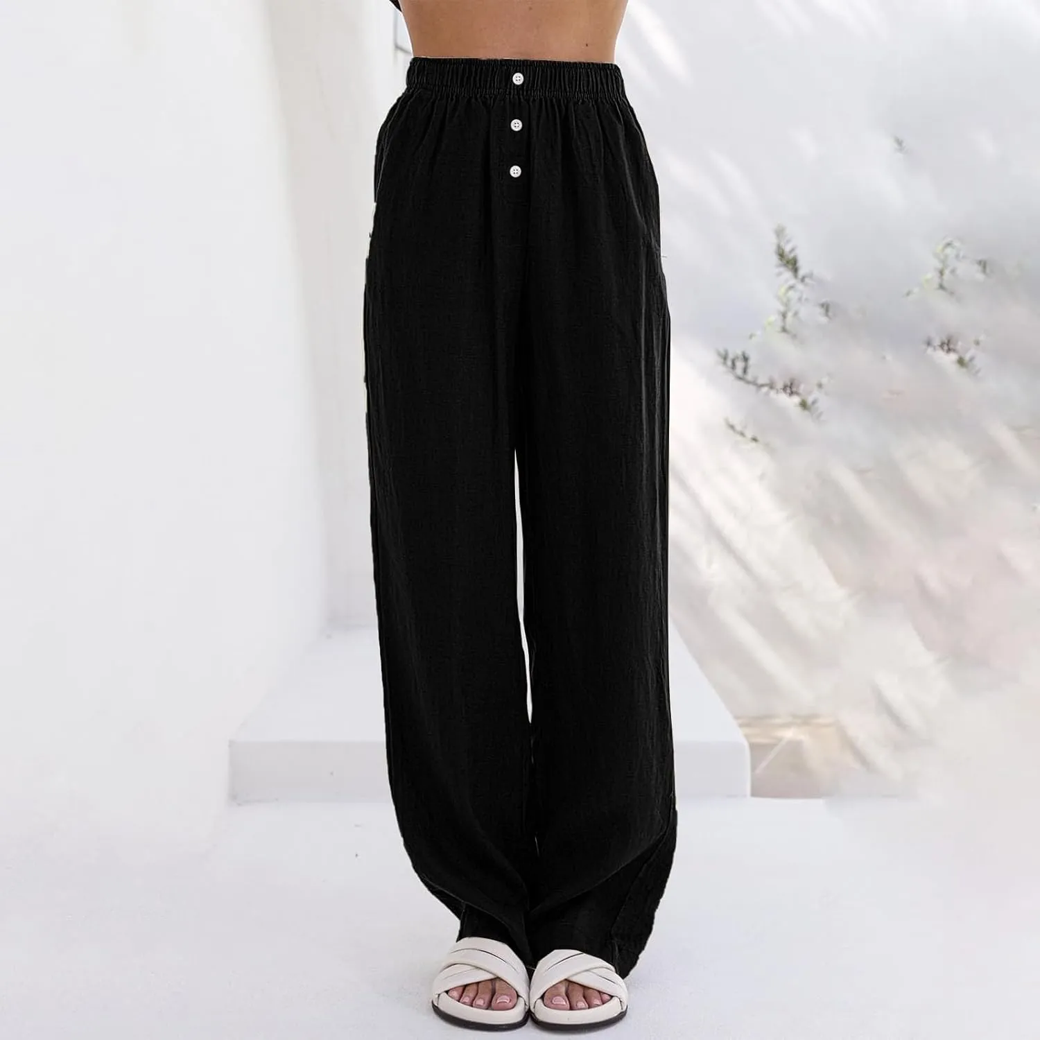 Linen Pants Women Comfy Flowy Wide Leg Pants Summer Baggy High Waisted Palazzo Beach Pants Trousers with Pockets
