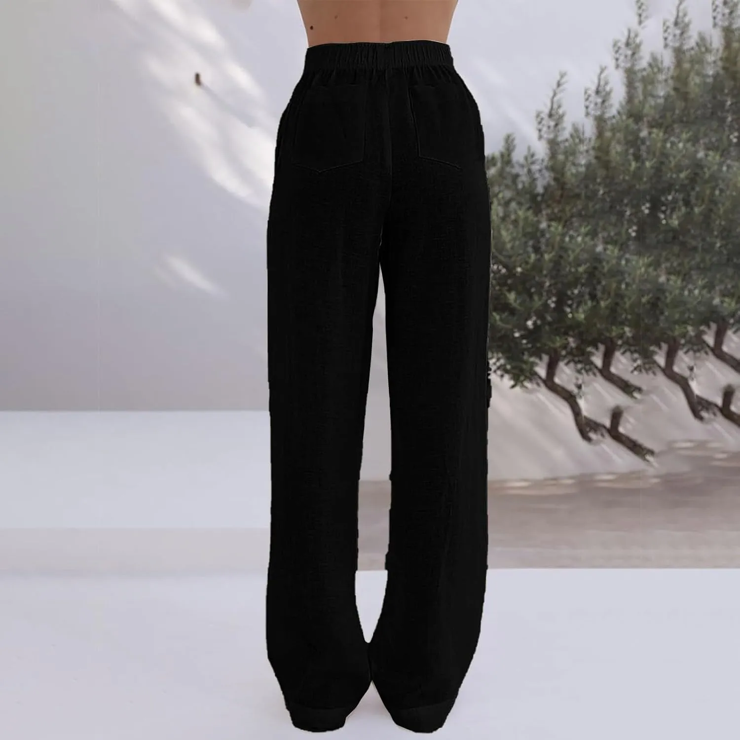 Linen Pants Women Comfy Flowy Wide Leg Pants Summer Baggy High Waisted Palazzo Beach Pants Trousers with Pockets