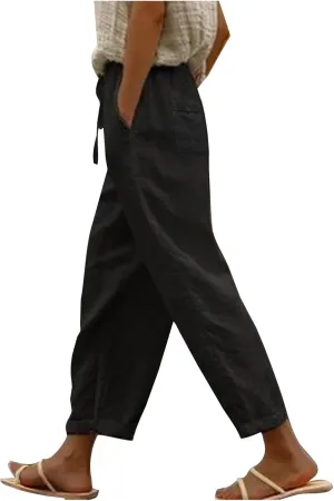 Linen Pants Women High Waist Cotton Blend Fashion Drawstring Pant Casual Summer Trousers with Side Pockets