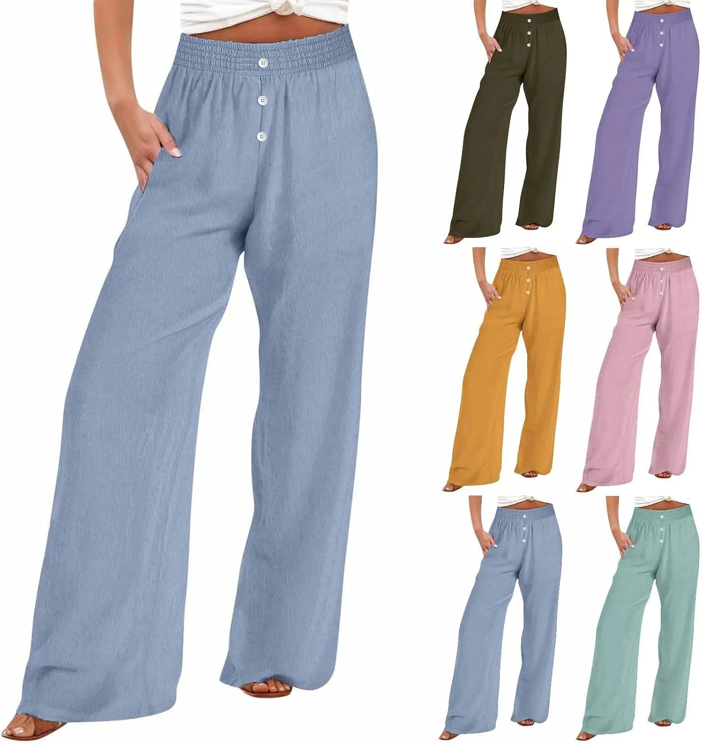 Linen Pants Women, Yoga Beach Wide Leg Palazzo Pants Tall High Waisted Pull On Stretch Waist Lounge Trousers Slacks