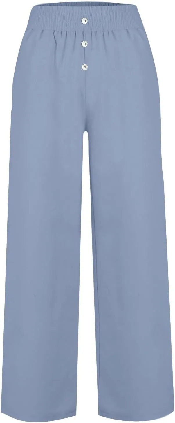 Linen Pants Women, Yoga Beach Wide Leg Palazzo Pants Tall High Waisted Pull On Stretch Waist Lounge Trousers Slacks