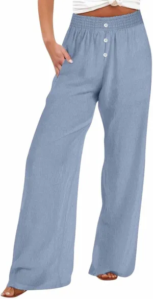 Linen Pants Women, Yoga Beach Wide Leg Palazzo Pants Tall High Waisted Pull On Stretch Waist Lounge Trousers Slacks