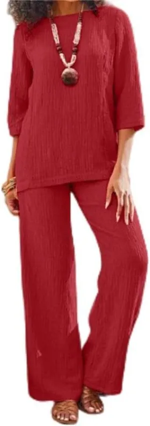 Linen Set for Women Dressy Casual Two Piece Outfits Long Sleeve Pullover Shirts Wide Leg Palazzo Pants Plus Size
