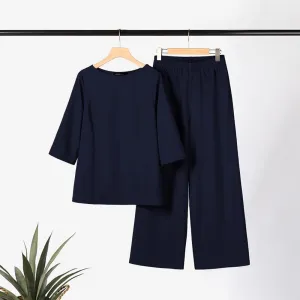 Linen Set for Women Dressy Casual Two Piece Outfits Long Sleeve Pullover Shirts Wide Leg Palazzo Pants Plus Size
