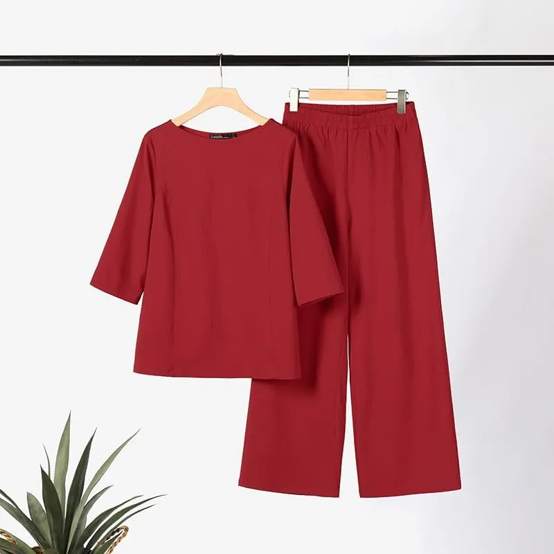 Linen Set for Women Dressy Casual Two Piece Outfits Long Sleeve Pullover Shirts Wide Leg Palazzo Pants Plus Size