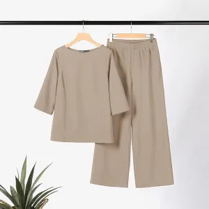 Linen Set for Women Dressy Casual Two Piece Outfits Long Sleeve Pullover Shirts Wide Leg Palazzo Pants Plus Size