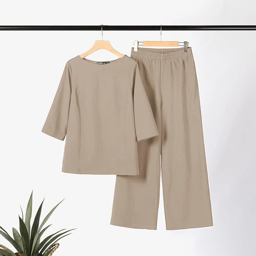 Linen Set for Women Dressy Casual Two Piece Outfits Long Sleeve Pullover Shirts Wide Leg Palazzo Pants Plus Size