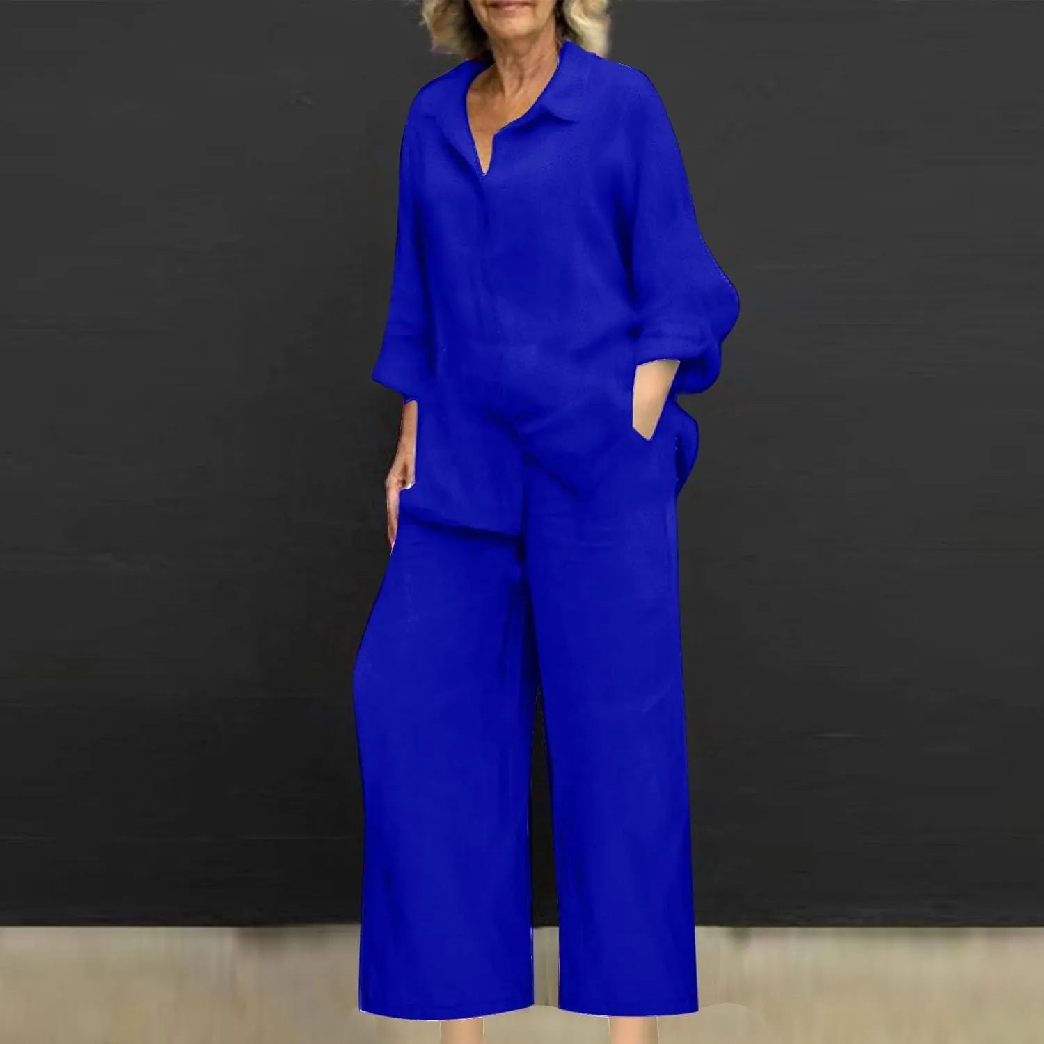 Linen Sets for Women 2 Piece 2025 Long Sleeve Shirts Wide Leg Trousers Loose Fit Dressy Cotton Linen Sets Outfits