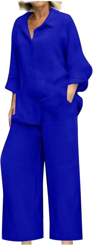 Linen Sets for Women 2 Piece 2025 Long Sleeve Shirts Wide Leg Trousers Loose Fit Dressy Cotton Linen Sets Outfits
