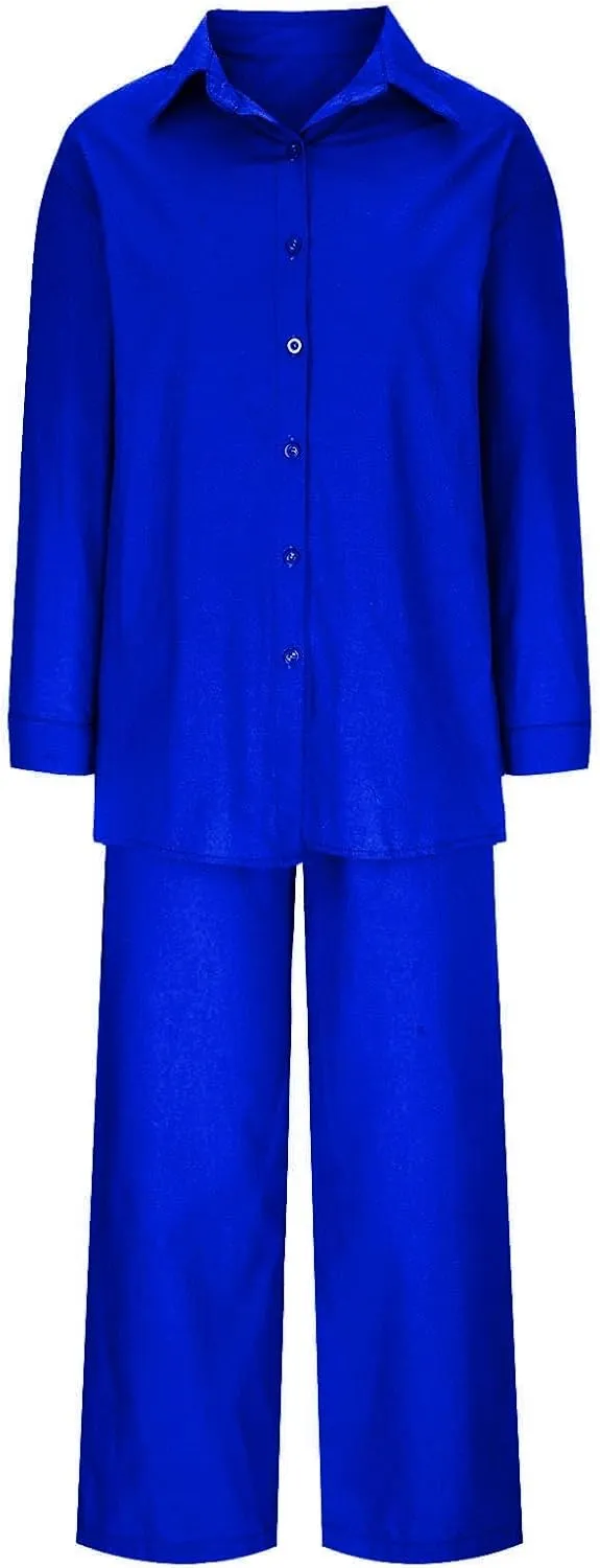 Linen Sets for Women 2 Piece 2025 Long Sleeve Shirts Wide Leg Trousers Loose Fit Dressy Cotton Linen Sets Outfits