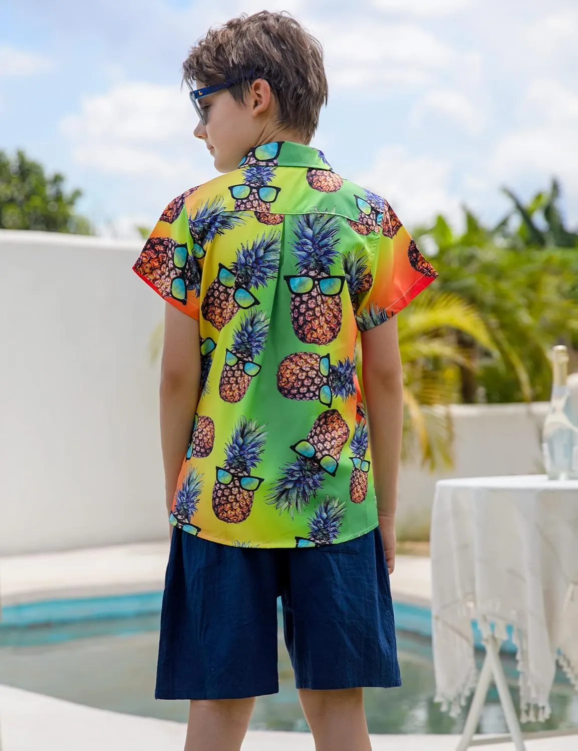 Little & Big Boy's Button Down Hawaiian Shirts Short Sleeve Cool Cartoon Print Dress Tops T-Shirt for Kids 7-14T