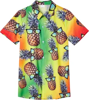 Little & Big Boy's Button Down Hawaiian Shirts Short Sleeve Cool Cartoon Print Dress Tops T-Shirt for Kids 7-14T