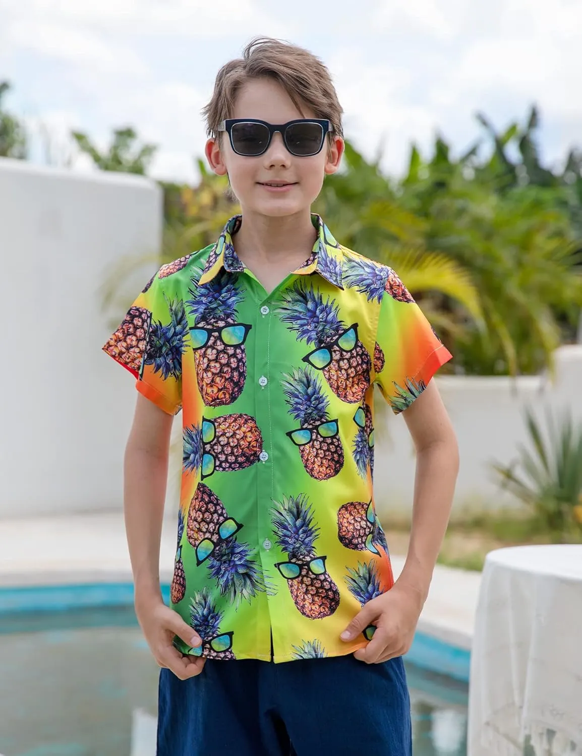 Little & Big Boy's Button Down Hawaiian Shirts Short Sleeve Cool Cartoon Print Dress Tops T-Shirt for Kids 7-14T