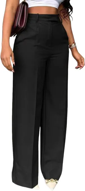 LKOUS Casual Wide Leg Dress Pants Women,High Waisted Work Pant Straight Leg Trousers with Pockets