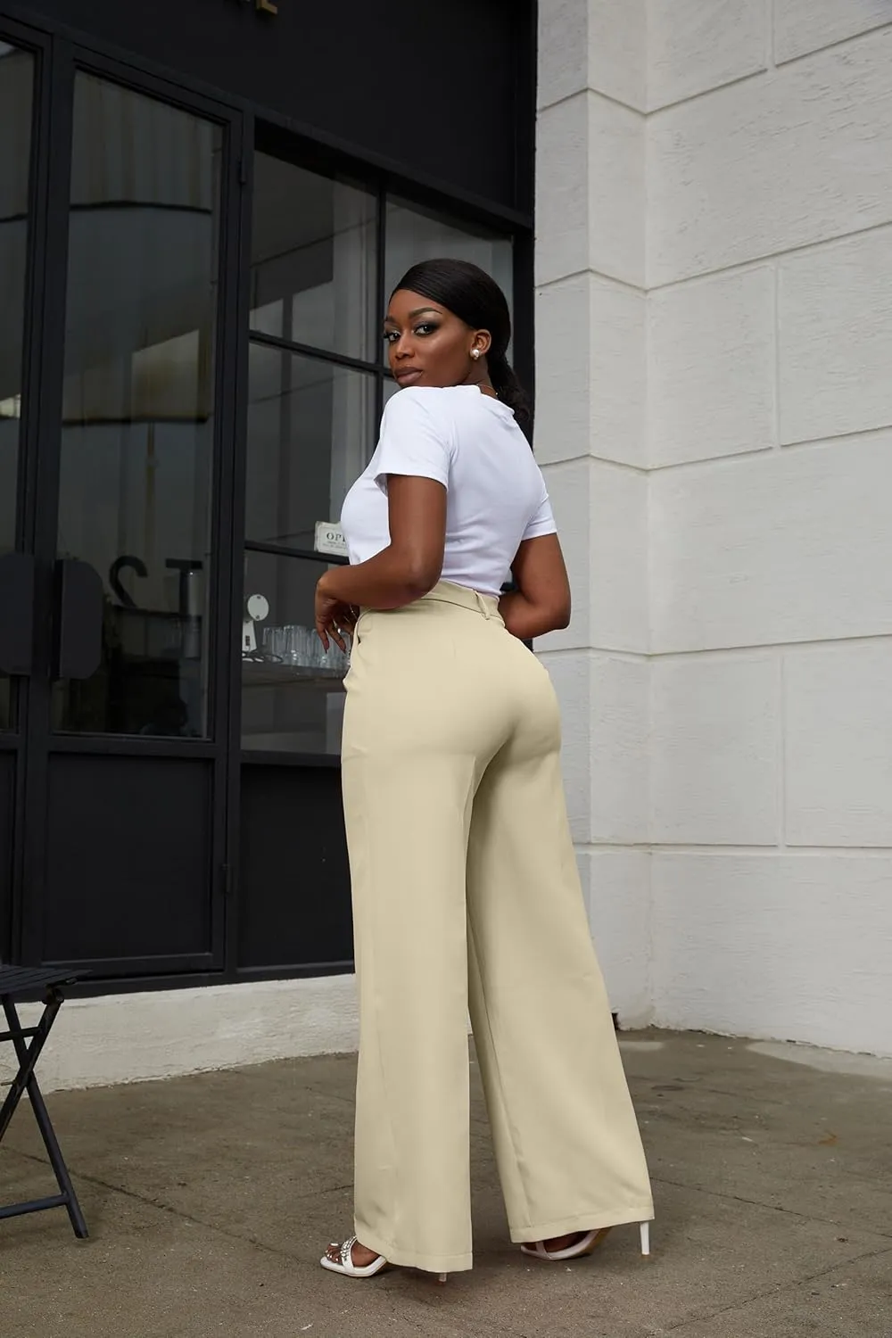 LKOUS Casual Wide Leg Dress Pants Women,High Waisted Work Pant Straight Leg Trousers with Pockets