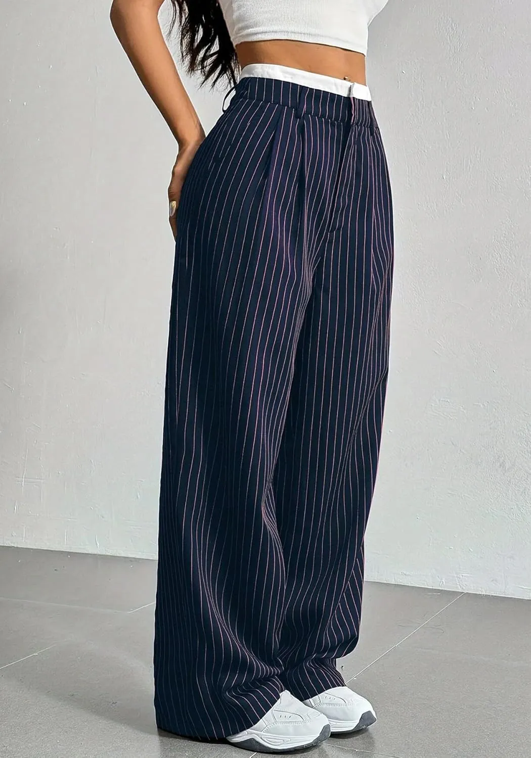 LKOUS Dress Pants Women High Waist,Casual Work Wide Leg Pant Striped Straight Trousers with Pockets