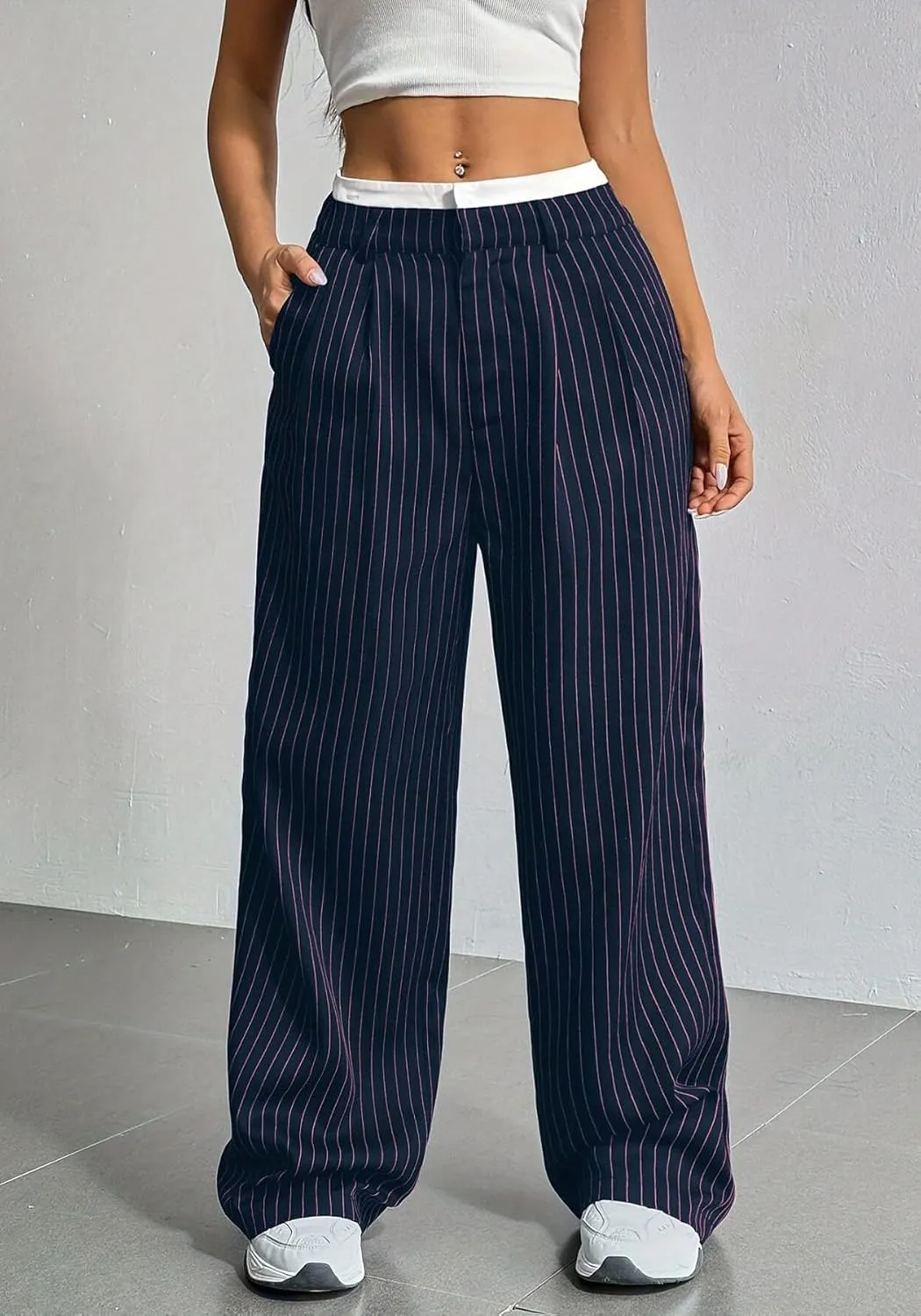 LKOUS Dress Pants Women High Waist,Casual Work Wide Leg Pant Striped Straight Trousers with Pockets