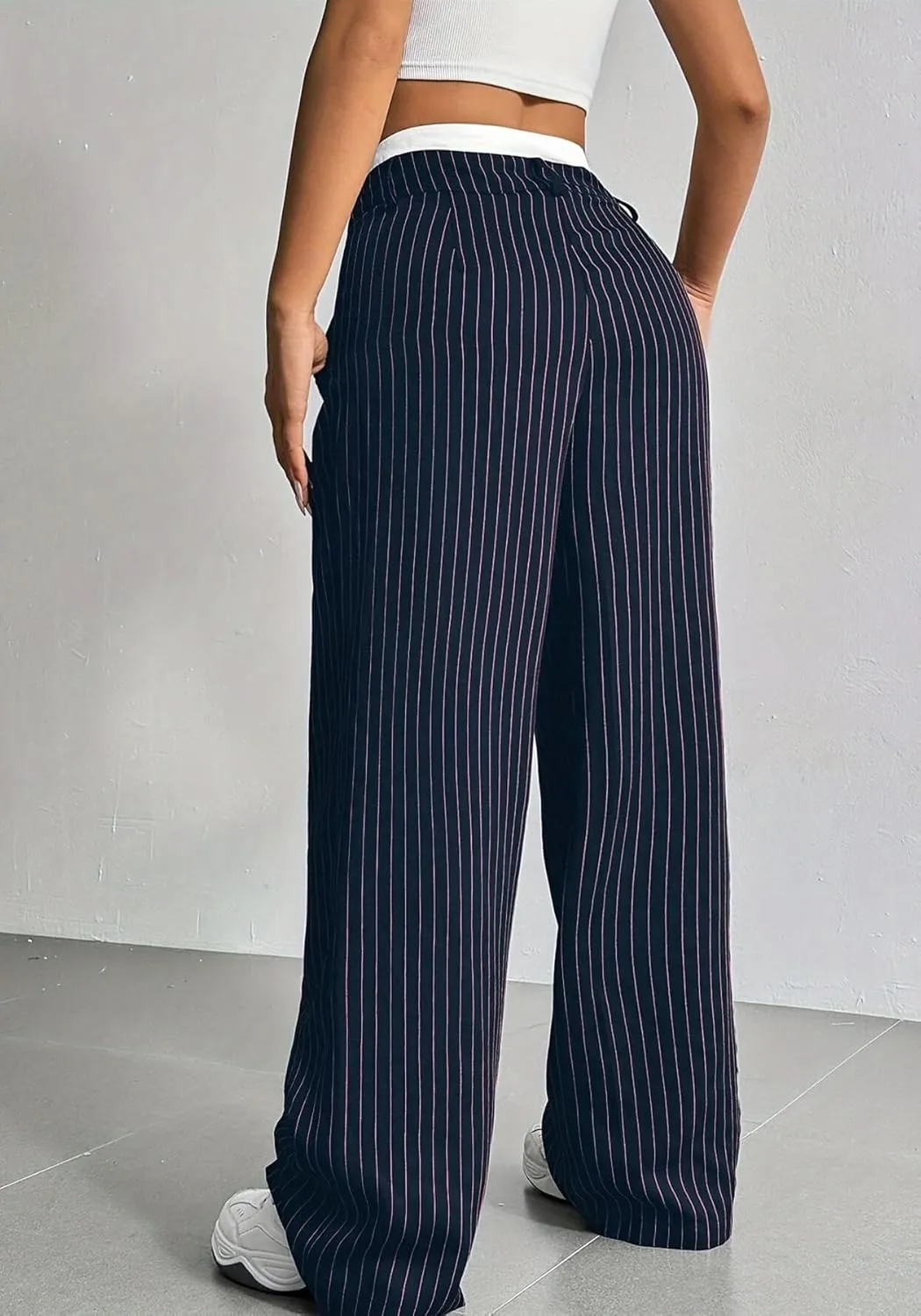 LKOUS Dress Pants Women High Waist,Casual Work Wide Leg Pant Striped Straight Trousers with Pockets