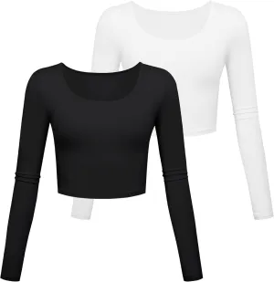 Long Sleeve Crop Tops for Women Workout Basic Clothes for Teen Ladies Fitted Slim Scoop Neck Cute Yoga Shirts
