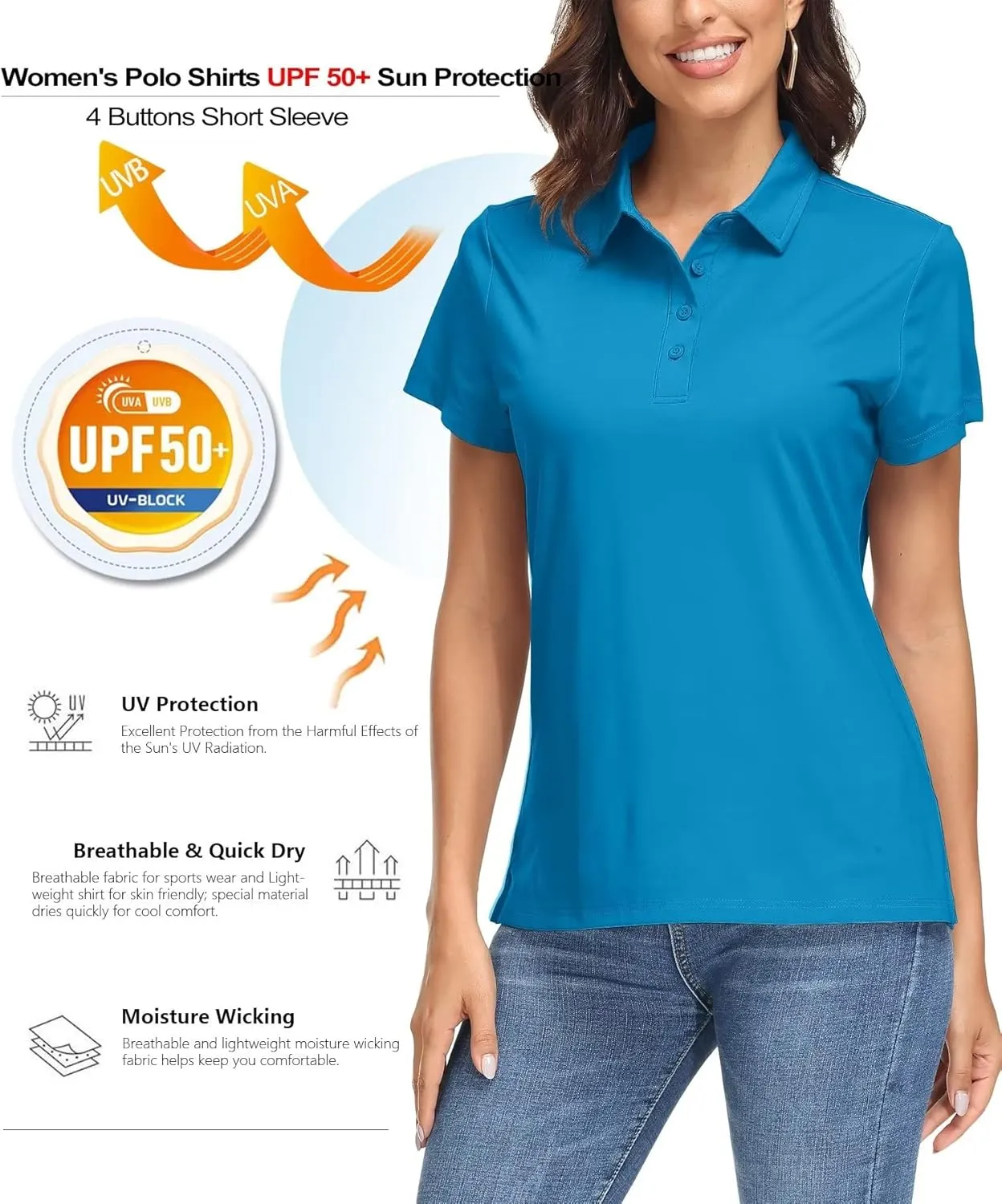 MAGCOMSEN Women's Polo Shirts UPF 50  Sun Protection 4 Buttons Casual Work Quick Dry Short Sleeve Collared Golf Shirt