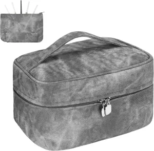 Makeup Bag, Portable Cosmetic Bag, Large Capacity Travel Makeup Case Organizer,Stylish Denim-Look Toiletry Bag for Women Girls With Handle and Removable Pouch