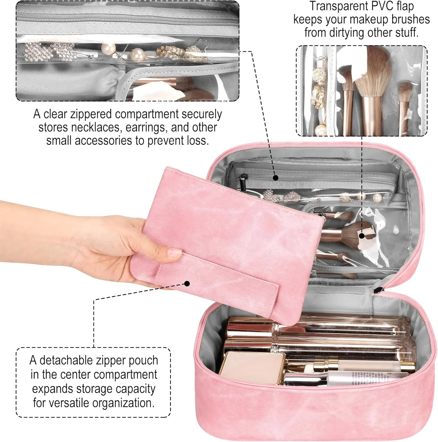 Makeup Bag, Portable Cosmetic Bag, Large Capacity Travel Makeup Case Organizer,Stylish Denim-Look Toiletry Bag for Women Girls With Handle and Removable Pouch