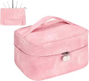 Makeup Bag, Portable Cosmetic Bag, Large Capacity Travel Makeup Case Organizer,Stylish Denim-Look Toiletry Bag for Women Girls With Handle and Removable Pouch