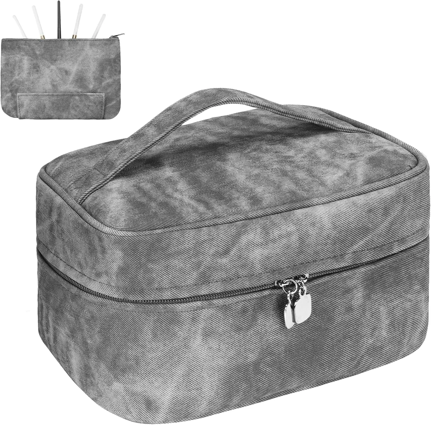 Makeup Bag, Portable Cosmetic Bag, Large Capacity Travel Makeup Case Organizer,Stylish Denim-Look Toiletry Bag for Women Girls With Handle and Removable Pouch
