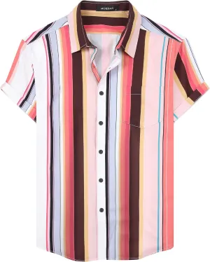MCEDAR Mens Casual Button Down Shirts Short Sleeve Striped Summer Vintage Beach Vacation Shirt (Size S-5XL Big and Tall)