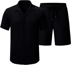 Mens 2 Piece Outfits Summer Beach Set Short Sleeve Button Down Textured Shirts and Shorts Sets Casual Resort Wear