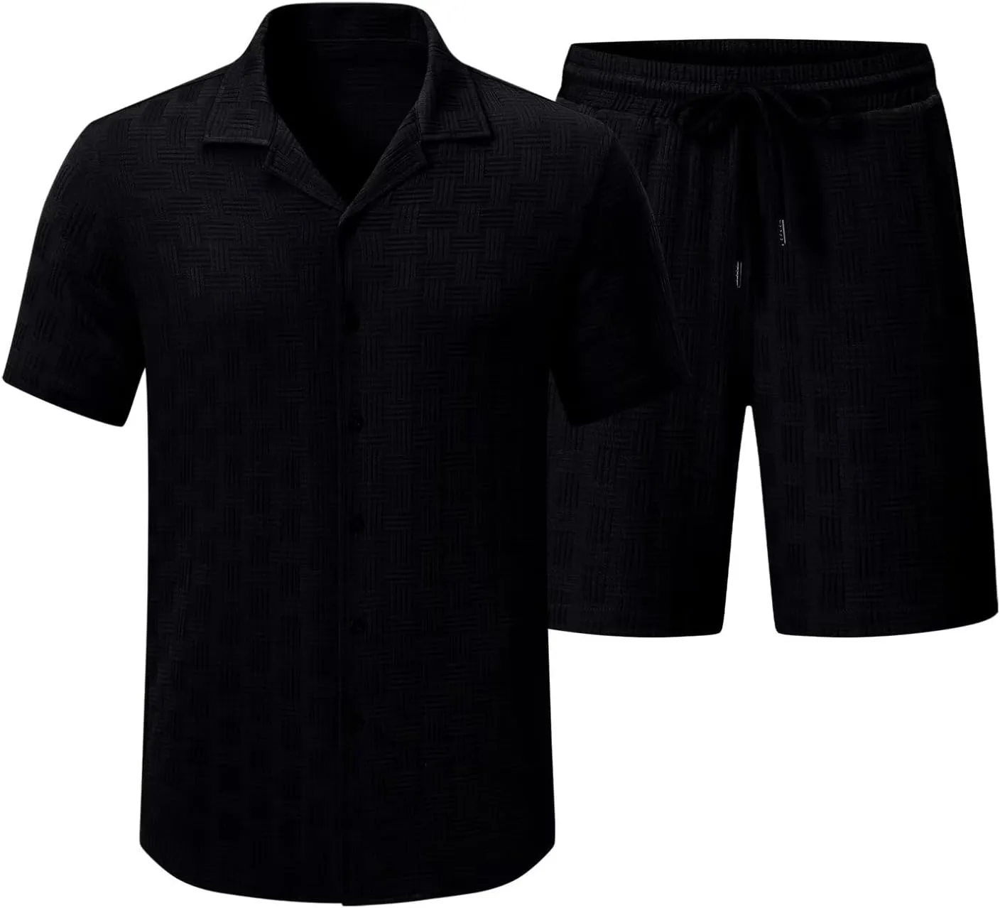 Mens 2 Piece Outfits Summer Beach Set Short Sleeve Button Down Textured Shirts and Shorts Sets Casual Resort Wear
