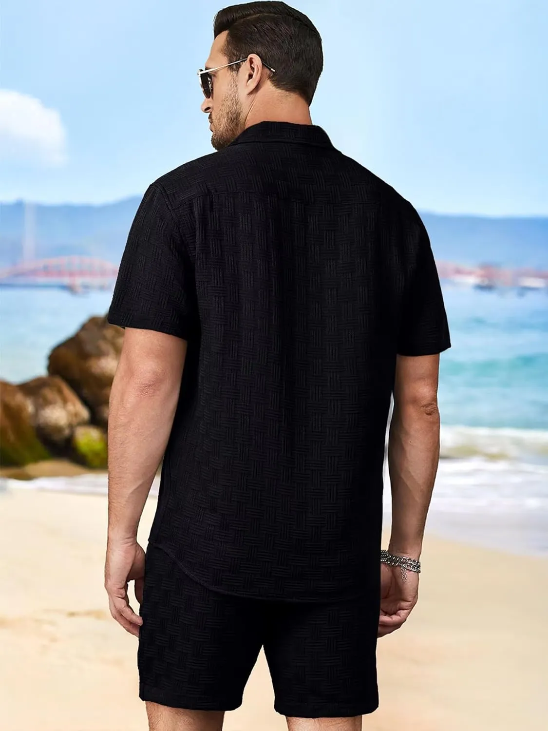 Mens 2 Piece Outfits Summer Beach Set Short Sleeve Button Down Textured Shirts and Shorts Sets Casual Resort Wear