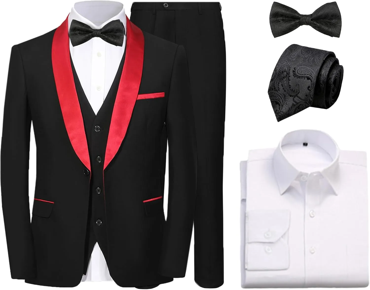 Men's 6 Pieces Slim Fit Suit 1 Button Blazer Jacket Vest Pants Shirts Tie Bow Tie Tuxedo Set for Dinner Party Wedding