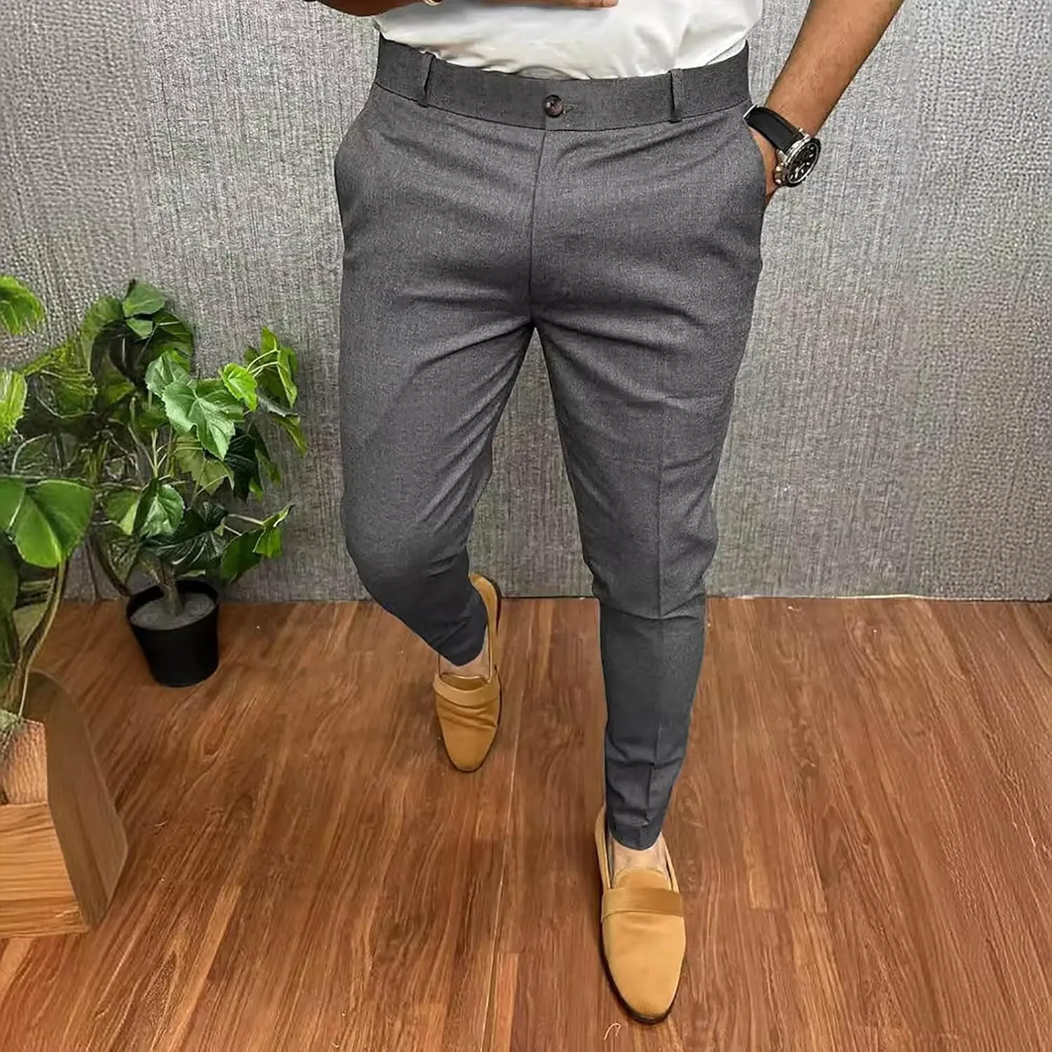 Mens Business Casual Pants Slim Fit Cotton Lightweight Straight Leg Pants with Pockets Retro Skinny Work Pants