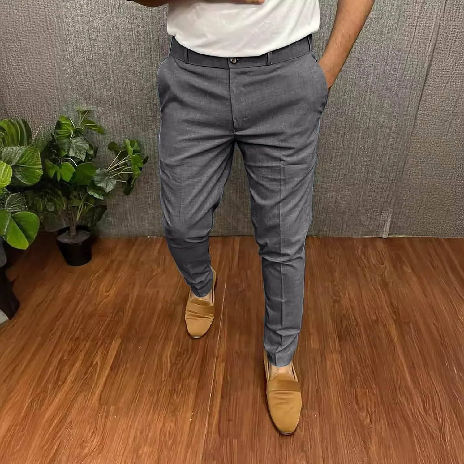 Mens Business Casual Pants Slim Fit Cotton Lightweight Straight Leg Pants with Pockets Retro Skinny Work Pants
