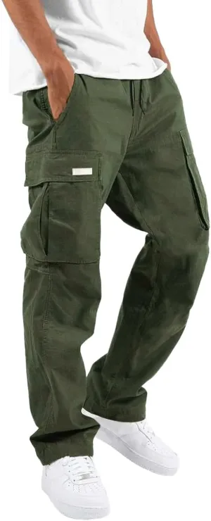 Mens Cargo Pants Summer Lightweight Elastic Waist Wide Pant Loose Fit Joggers Outdoor Hiking Trousers