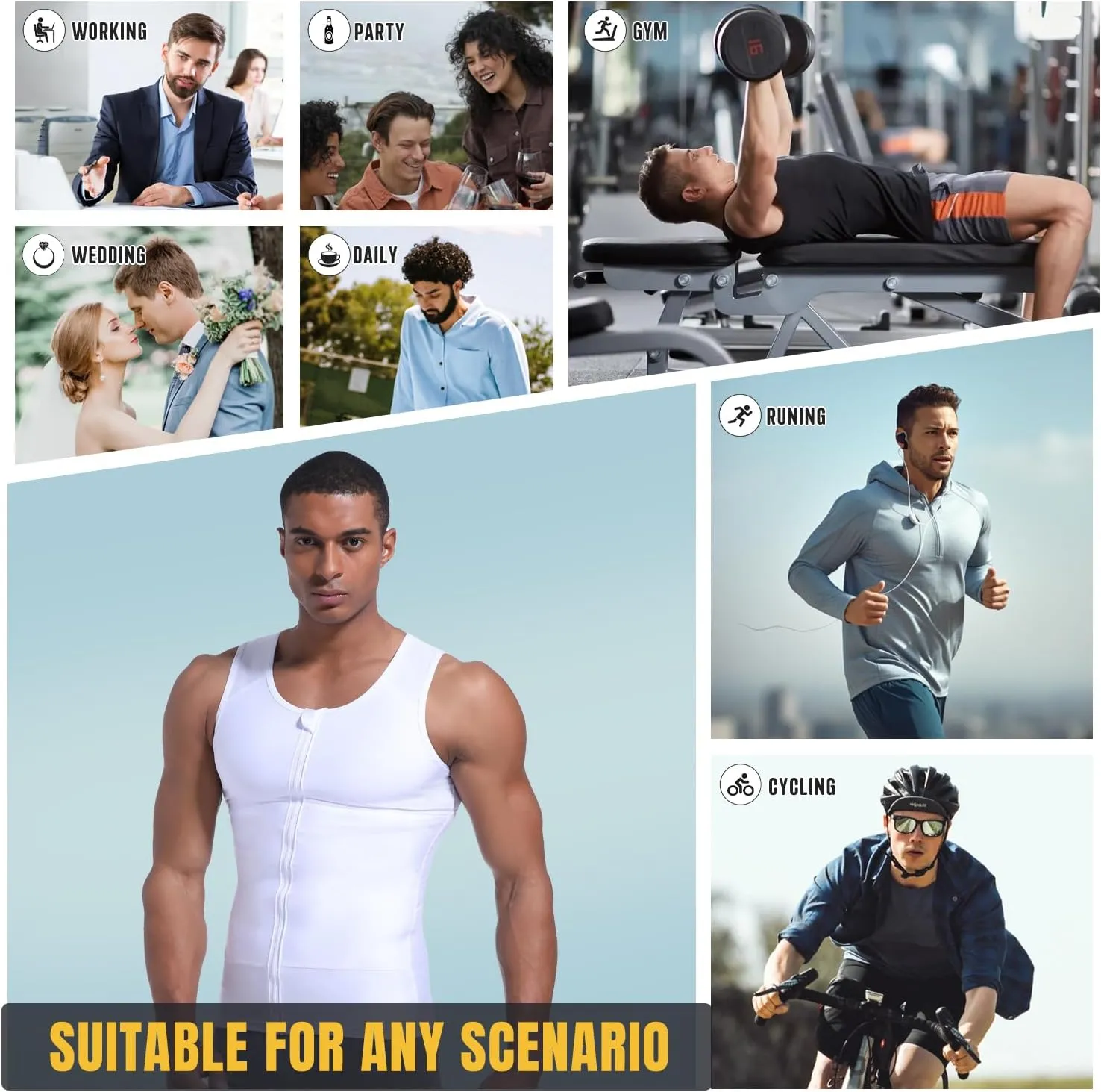 Mens Compression Zipper Vest,Gynecomastia Tummy Control Shirt,Back Support Shapewear Slimming Undershirt