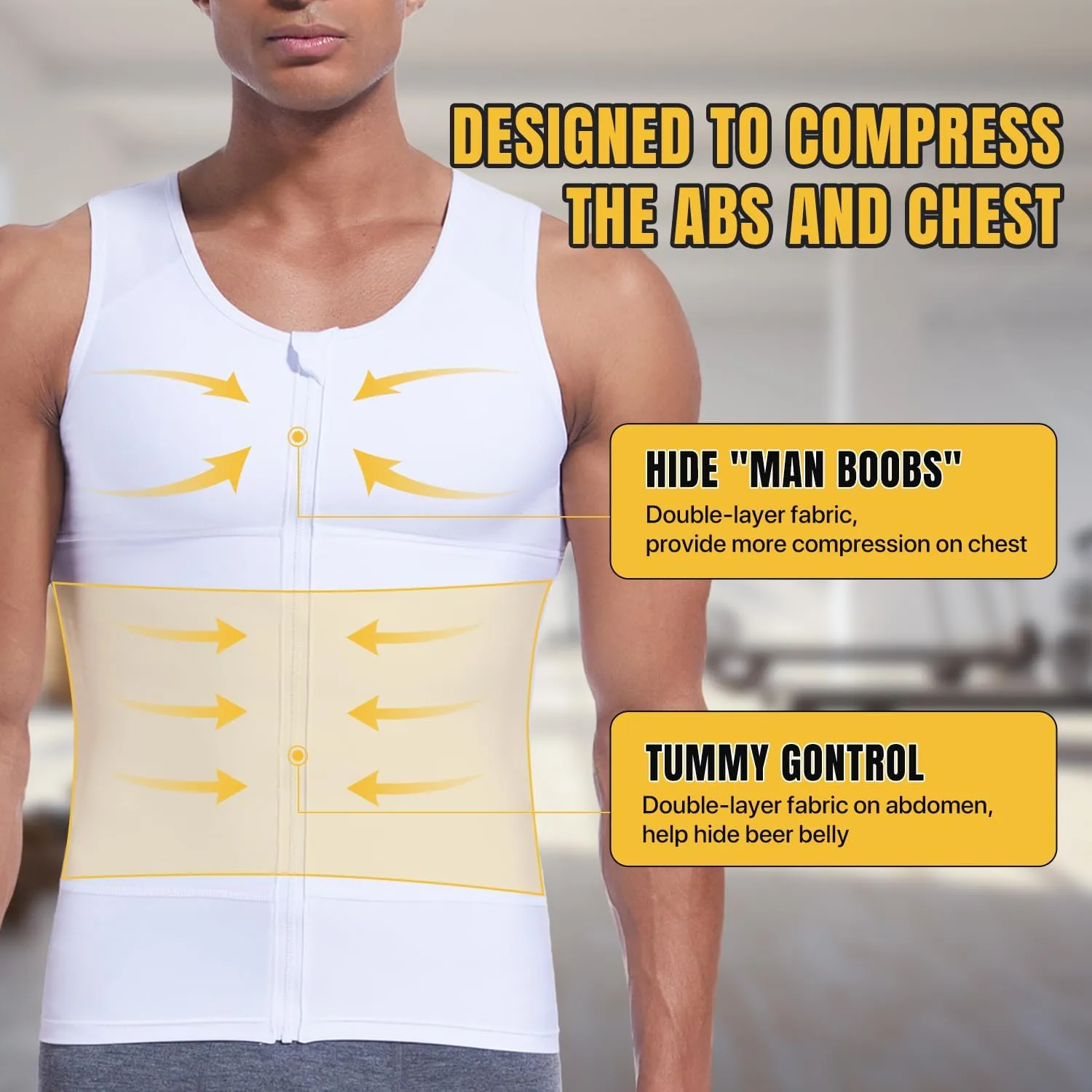 Mens Compression Zipper Vest,Gynecomastia Tummy Control Shirt,Back Support Shapewear Slimming Undershirt