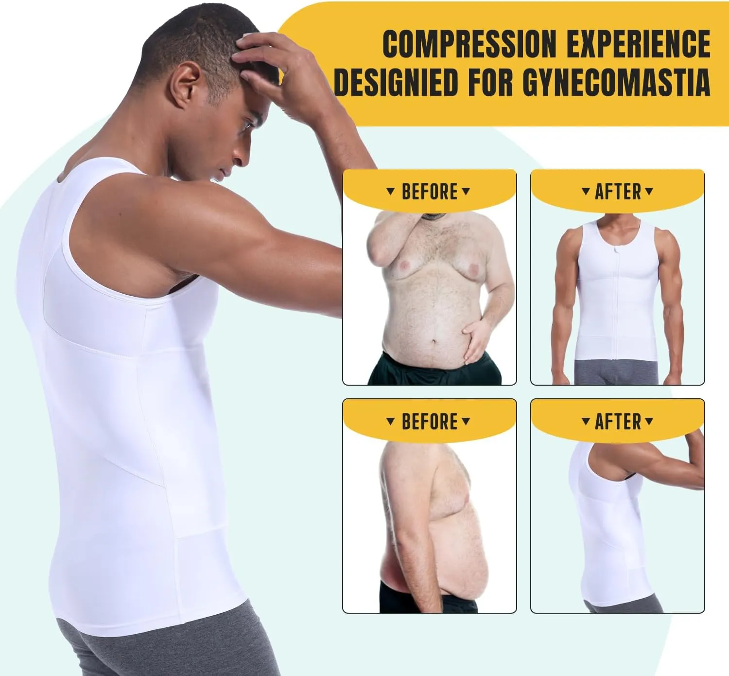 Mens Compression Zipper Vest,Gynecomastia Tummy Control Shirt,Back Support Shapewear Slimming Undershirt