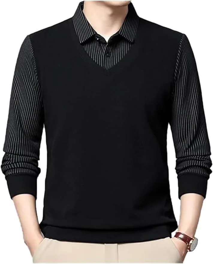 Men's Fake 2-Piece Knitted Shirt,Warm Anti-Wrinkle Two-Piece,Business Casual Fleece Thickening Dress Polo Shirts